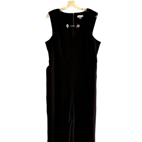Calvin Klein Size 16 Elegant Stretch Belted Jumpsuit Gold Chain Neck Black - Picture 4 of 8